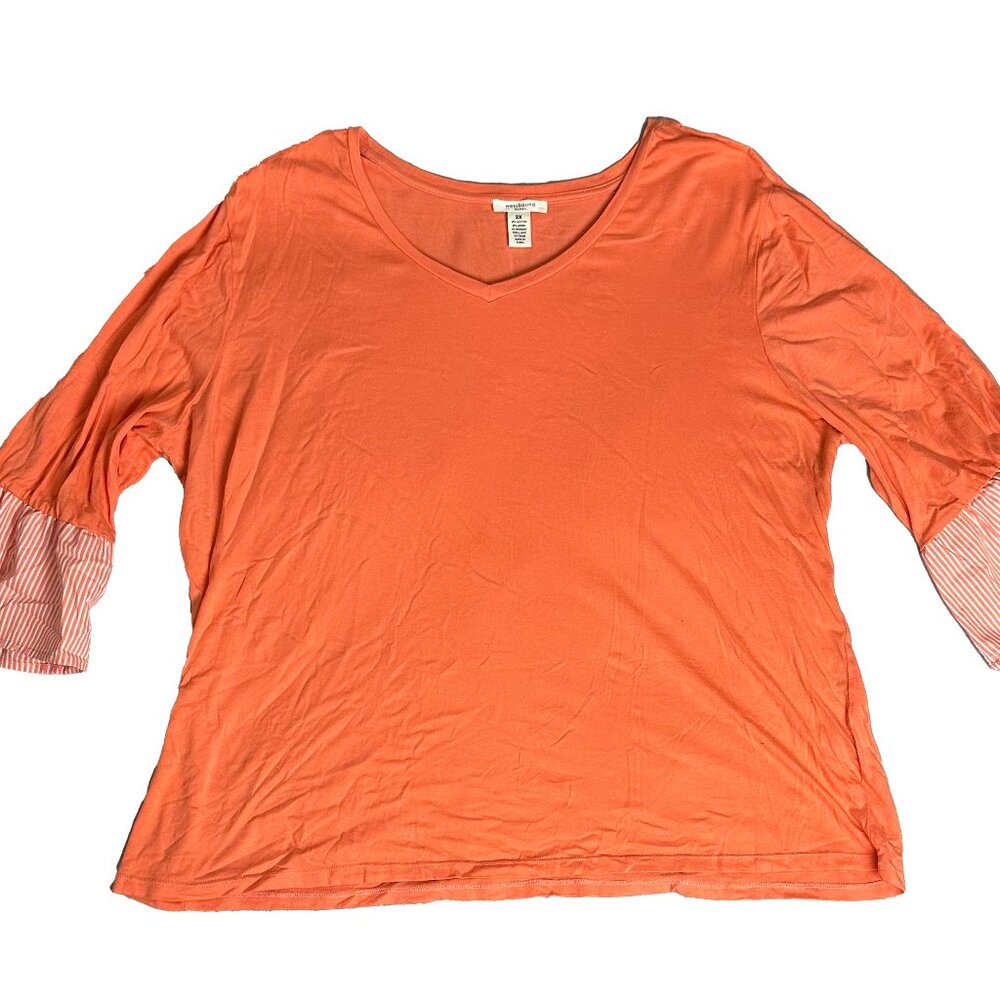 Westbound Petites Top Womens P2XL Orange V-Neck 3/4 Striped Bell Sleeve Stretch